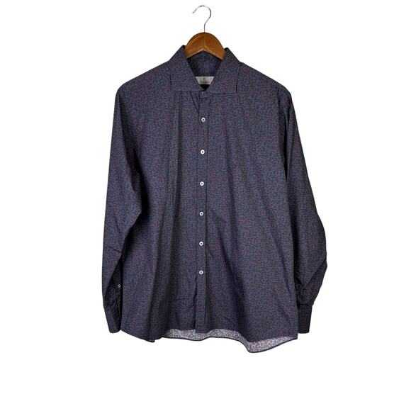 Canali Mens Red and Blue Camouflage Pattern Long Sleeve Button Up Dress Shirt - Picture 1 of 7